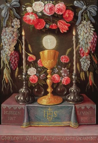 DQCJIYIGL Célèbre Poster Image Déco D'Art Murale un calice avec l'eucharistie dans un cartoucheDecoré de fleurs et de fruits Murale Tableaux Toile Pour la Décoration Murale 60x90cm