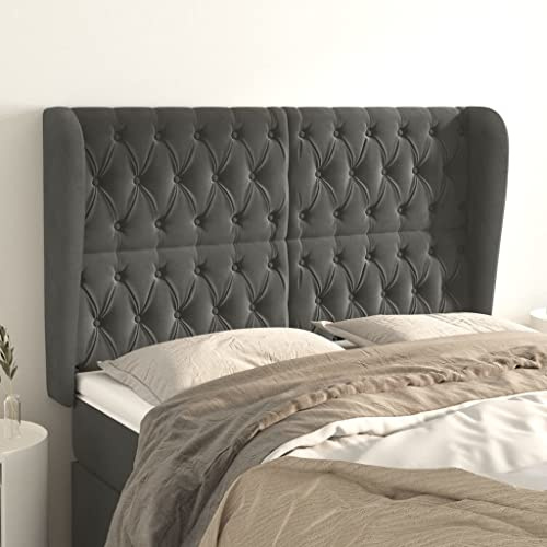 Qnhdfrt Samt Kopfteil mit Ohren 147x118/128 cm Dunkelgrau Höhenverstellbares Bettkopfteil aus Lärchenholz mit Schaumstoff Gepolstertes Wandkissen Rückenlehne für Schlafzimmer Doppelbett