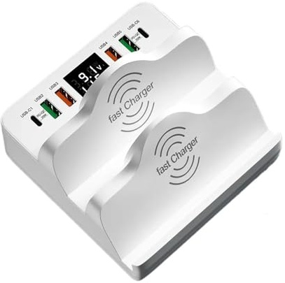 80W 6 Ports USB Charger Station With Dual Wireless Charger Stand Quick Charge 3.0 PD Fast Charger Fast Safe