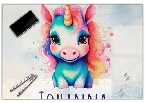 Schreibtischunterlage personalisiert mit Namen | 80 x 50 cm Einhorn | wasserfeste Schreibunterlage, abwischbar, glatt | stabiles, hochwertiges Acrylglas, Kinder Kunststoff Motiv Tiere