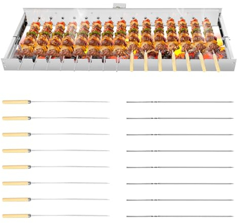 Griglia per shish kebab, girevole automaticamente, con 16 spiedini, dimensioni regolabili (larghezza) 80 x 16 – 30 cm, barbecue, griglia girevole a 360° con USB
