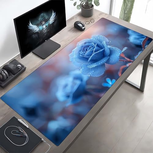 Gaming Mauspad 1600x800x3 mm Gaming Mousepad XXL Blume Blau Mauspad Schreibtischauflage, Genähte Kanten Mausmat, rutschfeste Gummibasis, Schreibtisch Schutz für Home Büro, Geschenke PjY9290 I-U