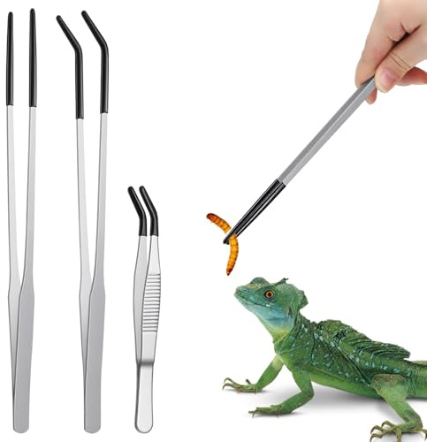 SHENLIU 3 stycken akvariepincetter lång, rostfritt stål matpincett 27 cm mattång med kort foderpincett, gummispets, rak pincett och böjt pincett, set för reptiler, vattenväxt