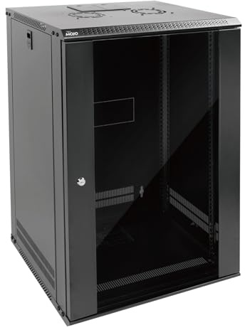 Tecmojo 19 tum 18U 450 mm djup nätverksskåp, väggserverskåp, 19 tums IT-nätverksrackhölje, låsbar dörr och sidoväggar, glasdörr, svart, platt förpackning