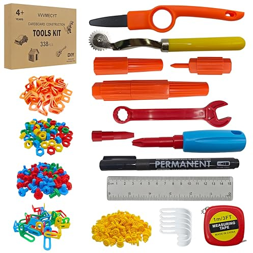 VVVMECYT Cardboard Construction Kit, 338PCS Safe Cutter Tools Set for Kids | Stainless steel tools, for DIY cardboard projects, safe serrated cutter and fold roller, reusable gift box storage