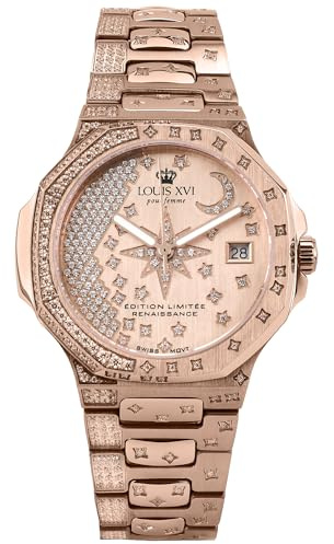 LOUIS XVI Renaissance Femme 6110 - Ø 35 mm - Damen Uhr - Wasserdicht - Armband Roségold - Zifferblatt Stars Edition Roségold mit Diamanten - Schweizer Quarzwerk