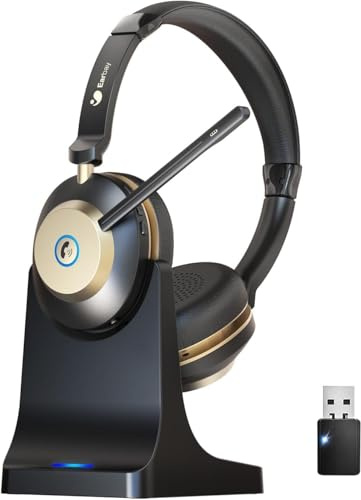 Wireless Headset, 5.3 Bluetooth Headset with Microphone Noise Canceling & USB Dongle, 50hrs Wireless Headphones with Mic Mute & Charge Dock for Call Laptop Computer Phone Teams Office Remote Work