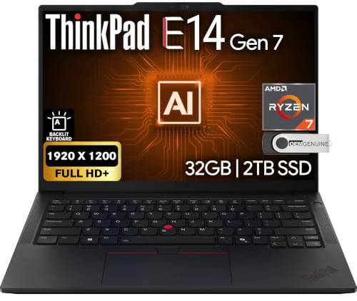 Lenovo ThinkPad E14 Gen 7 Display FHD+ da 14, AMD Ryzen 7 250, RAM DDR5 da 32 GB, SSD PCIe da 2 TB, tastiera retroilluminata, WiFi 6E + BT, RJ-45, webcam FHD, Windows 11 Pro, laptop aziendale AI