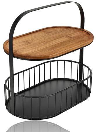 Obstkorb 2-lagig Schwarz - Obstschale Metall-Holz mit Holz Servierbrett - Etagere / Küchenorganizer