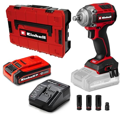 Einhell Professional Akku-Schlagschrauber TP-CW 18/350-C Li BL Kit PXC (18 V, 350 Nm Drehmoment, 600 Nm, Brushless, Außenvierkant-Aufnahme, inkl. 4,0 Ah PLUS Akku, Ladegerät, E-Case S-F & Nuss-Set)