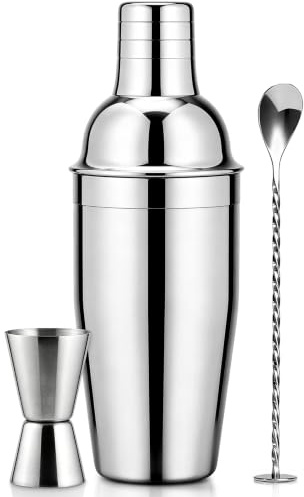 Juego de coctelera de 750 ml, batidora de bebidas con colador integrado, tapa de vaso medidor 2 en 1, cuchara mezcladora y junta de silicona a prueba de fugas, mezclador de acero inoxidable para
