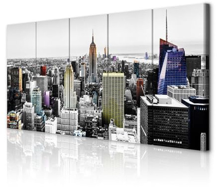 decomonkey Bilder New York 225x90 cm 5 Teilig Leinwandbilder Wandbild Stadt | Bild auf Leinwand, Kunstdruck, Wanddeko, Wohnzimmer, Wanddekoration, Panorama, Skyline