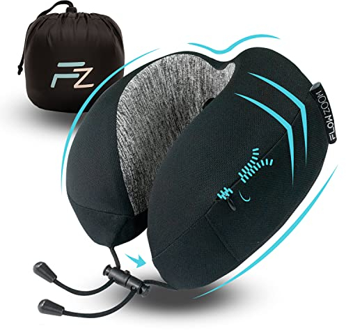 FLOWZOOM Dream Cuscino Cervicale da Viaggio in Schiuma Memory – Cuscino per Aereo e Auto, Regolabile con Lati Rialzati per Maggiore Supporto, Fodera Vellutata Lavabile e Sacchetto in Rete – Nero