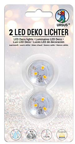 Ursus 18600000 - LED Deko Lichter, 2 Stück, Leuchtdauer ca. 12 Stunden, warmweißes Licht, wasserdicht, inklusive Batterien und Klebepads, ideal als Dekolicht, für Laternen und als Ersatz für Kerzen