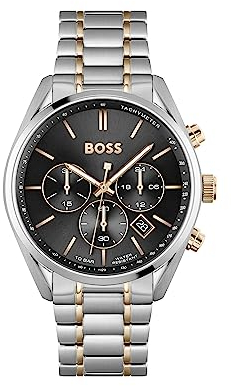BOSS Men's 44mm Chronograph Quartz Watch Champion Collection with Black Dial and Two-Tone Stainless Steel Bracelet, Date Function, 3 Sub-Dials, 10ATM Water Resistance - 1513819