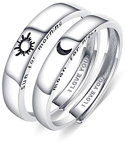 Beydodo Eheringe 925 Silber Paarpreis, Verlobungsring Paar mit Gravur I Love You Sonne Mond Trauringe Nickelfrei Partnerringe Verstellbar Ringe Set