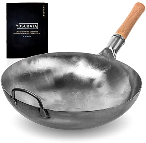 YOSUKATA 36 cm Round Bottom Carbon Steel Woks and Stir Fry Pans – Unseasoned Pow Wok for Stir Fry, BBQ, Grill & Camping – Hand-Hammered Traditional Japanese and Chinese Pan – Gas Stove, Open Fire Only