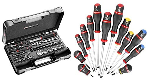 Facom - Coffret à Douille - RS.161-2 - Coffret Outils Complet - 55 Pièces Clés à Douille, 2 Cliquets et 4 Rallonges - Plateau Thermoformé & ATXH.J13 - Jeux de 13 Tournevis ProTwist Pour Vis à Fente