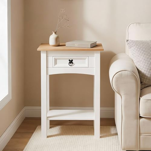 IDIMEX Console Meuble de Salon en Pin Massif, Style Mexicain avec 1 Tiroir et 1 Étagère, Meuble d'Entrée avec Poignée en Métal, en Piin Massif lasuré Blanc et Brun