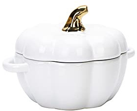 Zucca Zuppiera con Doppia Maniglia e Coperchio 400ML Ceramica Creativo Carino Stoviglie Microonde Forno Prima colazione Frutta Insalata Dolce Budino Cottura al forno (Bianco)
