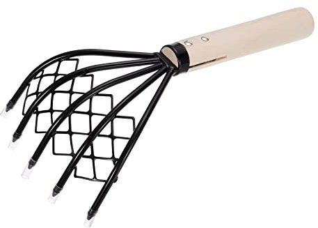 sourcing map 5 Dents Jardin Griffe Râteau avec Maille Filet, 10,24 Pouces Carbone Acier Main Râteau avec Bois Manche pour Jardin Plage, Noir