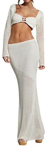 Tsnbre Stricksets Zweiteilige Rock-Outfits für Frauen Hollow Out Langarm Crop Top Bodycon Maxikleid 2-teiliges Sommerset, Weiss/opulenter Garten, S