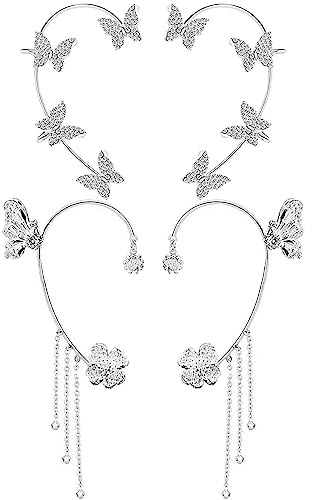 RIJXU 2 Pairs Dainty Silver Butterfly Ear Cuffs & Wraps for Women Non Piercing Bling Butterfly Tassel Style Zircon Earrings Ear Clips Bridal Wedding Jewelry (Silver)