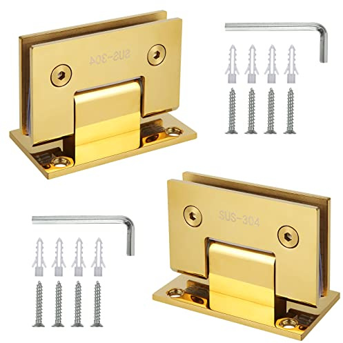 Duschtür-Scharniere aus Edelstahl, 90 Grad, strapazierfähig, gebürstetes Gold, Ersatzteile mit Montagematerial, Badezimmer-Torklemme für 0,95 cm bis 1,27 cm, 2 Stück