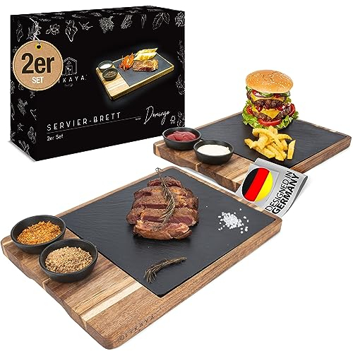 LIKAYA® Juego de 2 Tablas XXL 'Domingo' de Madera de Acacia FSC® Con Bandeja de Pizarra y Cuencos Para Salsas, Para Barbacoa y Carne, Accesorios y Regalo