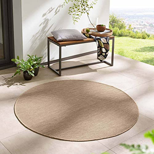 Taracarpet In- & Outdoor Teppich Wetterfest Wohnzimmer Balkon Küchenteppich Flachgewebe sisaloptik meliert Einfarbig Uni beige 160x160 cm rund