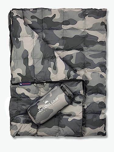Get Out Gear Gemütliche Camouflage-Campingdecke – bauschig, verstaubar, leicht und warm, ideal für Outdoor, Reisen, Stadion, Festivals, Strand, Hängematte, Wasserabweisende Rucksack-Steppdecke
