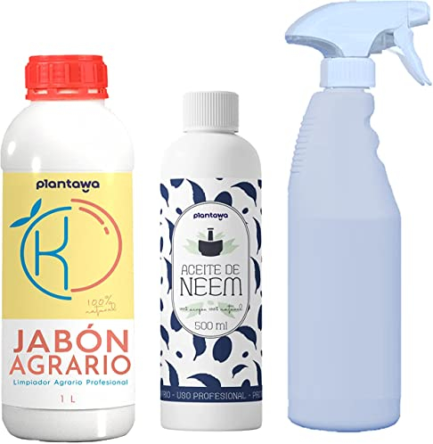 PLANTAWA Pack Ahorro Jabón Potásico 1L + Aceite de Neem 0,5L + Pulverizador | Solución Multiusos | Fácil Aplicación y Máxima Eficacia | Uso en Interior y Exterior | Productos origen natural