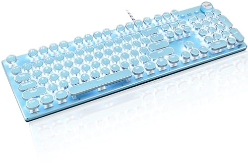 LexonElec Typewriter Style Retro Mechanical Gaming Keyboard, Vintage Steampunk with White LED Backlit, Wired 104-Key Blue Switch Cute Keyboard, Round Keycaps Knob Control for PC/Laptop/Mac (Blue)
