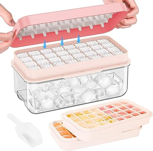 Ice Cube Trays with Lid & Bin - Ice Trays for Freezer Making 64pcs - Mocktail, Cocktail, Whiskey, Coffee, Tea - 2 Trays 1 Ice Bucket & Scoop - Stackable Design (Pink)