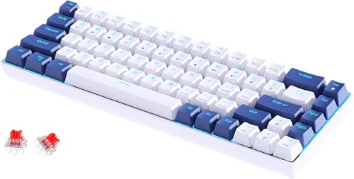 abucow Teclado mecánico 60% con retroiluminación Azul Teclado Gaming de 68 Teclas con Teclas en Blanco y Azul Oscuro - Interruptores Rojos para una Experiencia de Escritura y Juego Premium