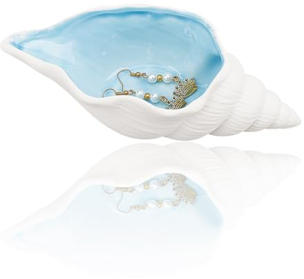 GORGECRAFT Plateau à Bijoux Conque en Céramique Bleu Ciel Organisateur de Bijoux Style Océan Boucles D'Oreilles Colliers Bagues Support de Rangement Décoratif Petite Assiette à Clés pour Montre Entrée