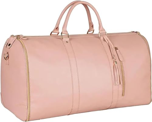 Amoyeric Große Kapazität Carry On Garment Bag PU Leder Duffle Bag für Frauen Wasserdicht Kleidersäcke für Reisen mit Schuhbeutel 2 in 1 Hängenden Faltbaren Koffer Anzug Reisetaschen (Pink)