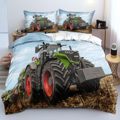Generisch Bettwäsche 135x200 Traktor Bettbezug Set 3 Teilig Bettbezüge 3D Drucken Traktoren Bauernhöfe Mähdrescher Modern Weiche aus Mikrofaser Mit Reißverschluss Eckbändchen + 2 Kissenbezüge 80x80cm
