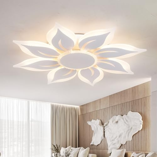 Lanmorn Led Deckenleuchte Wohnzimmer Modern, 75cm Blume Blüte, Wohnzimmerlampe Decke Modern Led Dimmbar, Elegante Weiß Lampen Deckenlampen Groß mit Fernbedienung
