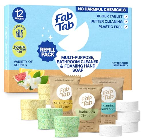 Fab Tab Home Cleaning Kit Refill Tablets - All-Purpose Cleaner, Bathroom Cleaner & Foaming Hand Soap Tablet Refills - Plant-Based - Platic-Free - No Harsh Chemicals - (Bottles Not Included)