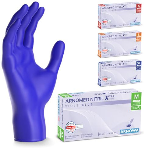 ARNOMED Gants nitrile taille M, gant bleu violet, 100 pièces/boîte, gants jetable sans accélérateur, non poudrés, sans latex, gants en caoutchouc hypoallergénique, gants en S, M, L, XL