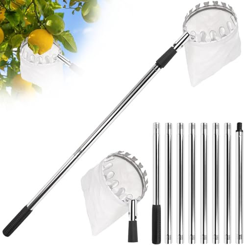 Fruit Picker Pole with Basket Telescoping -Adjustable Apple Picker Pole with Big Non-Woven Basket Fruits Catcher for Apples, Mango, Lemon, Orange - Easy to Assemble and Store