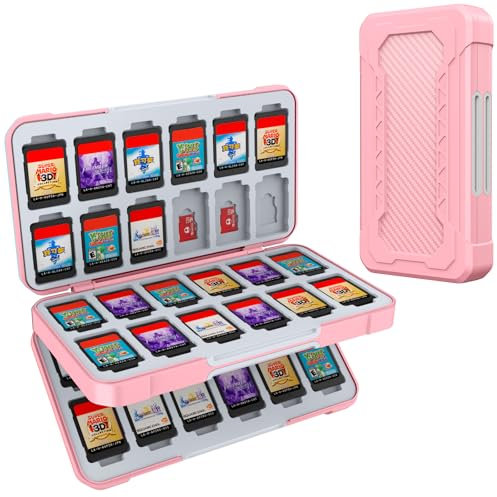 HEIYING Switch Game Case for Nintendo Switch 2/ Lite/OLED, Pink Portable Travel Carry Storage Case with 48 Game Card Slots and 24 Micro SD Cards Slots