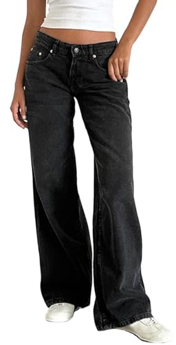 Onsoyours Jean Femme Taille Basse Coupe Droite Straight Jeans Y2K Baggy Jambes Larges Pantalon en Denim Automne Hiver Elastique Jeans A Gris Foncé XS