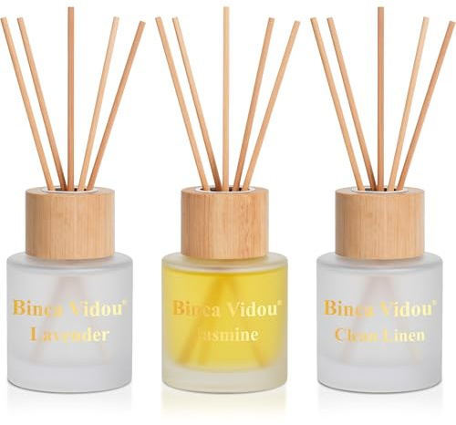 Reed Diffuser Set of 3, Binca Vidou Lavender, Linen & Jasmine Natural Scent Oil Diffusers with Sticks for Home Office Bathroom Aromatherapy Decor 1.69oz x 3