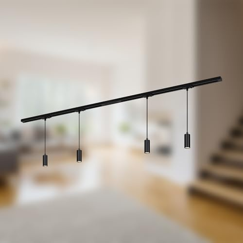 BRILONER - Juego completo de raíles electrificados, 4x LED colgante regulable, lámparas, sistema de raíles en el techo, raíl para proyectores, lámpara de techo, luminaria colgante, 1,5m, negro