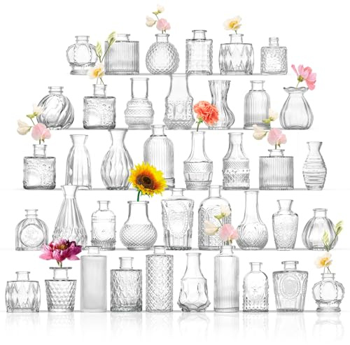ROLLSCERAY Knospenvasen, 40 Stück, kleine Glasvasen für Tafelaufsätze, kleine Blumenvasen für Tafelaufsätze, Vintage-Mini-Vase, klare Knospenvase für Hochzeitstischdekoration