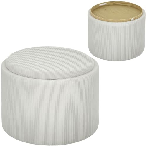 HOMCOM Sitzhocker mit Stauraum Fußhocker 56 x 56 x 42 cm Cremeweiß | Runder Hocker mit Deckel, Polsterhocker, Couchtisch, Cord-Optik