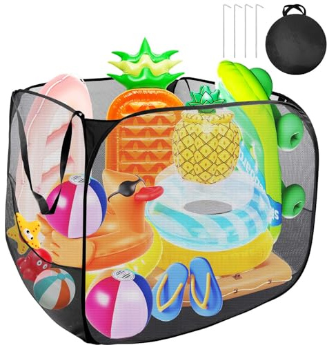 Pop up Pool Toy Storage Bin,32X32X30Pool Float Organizer Bag with 2 Side Pockets Mesh Swimming Pool Toys Organizer with 4 Ground Nails for Inflatable Toys, Float, Beach Ball and Pool Accessories