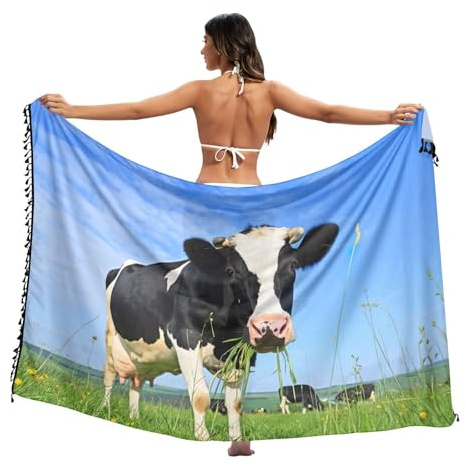 RPLIFE Sarong de plage noir et blanc avec motif vache mangeant de l'herbe et de la prairie, taille L, Vache noire blanche mangeant de l'herbe prairie bleue, Medium